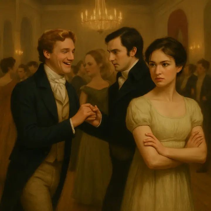 The crowded assembly at Meryton pulses with dancers: Mr. Bingley beams as he leads Jane down the set, laughter and motion all around, while, nearby, Mr. Darcy stands tall and aloof, leaning to whisper a dismissive remark to Bingley. Elizabeth, having overheard, recoils with a flush of offended pride, chin raised and arms folded, her icy hauteur cutting across the gleeful scene and creating a charged contrast between genial warmth and aristocratic coldness.
