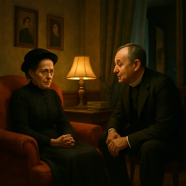 Miss Bartlett sits in a tomato-coloured arm-chair, rocking and fretting as she implores Mr. Beebe about the brusque old man; Beebe listens calmly, defending the stranger as blunt but not dangerous. Their exchange is a study in propriety wrestling with honest bluntness; Beebe finally rises and withdraws toward the smoking-room, leaving her torn between courtesy and suspicion.