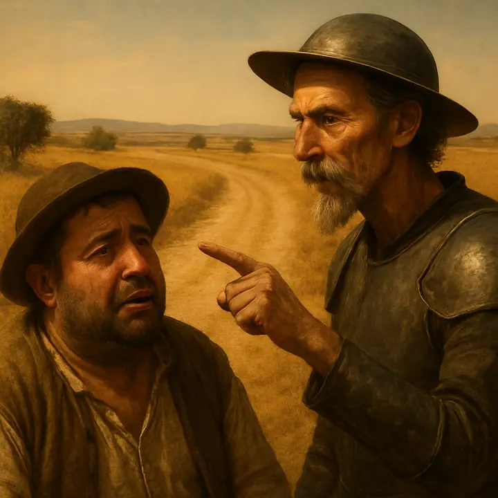 The furious exchange: Don Quixote hurls insults and threatens to turn Sancho away, calling him an ass and denouncing ungratefulness; Sancho, overwhelmed with remorse, bursts into tears and pleads in a broken voice, asking only that a tail be fixed to him if that will make him a true ass.