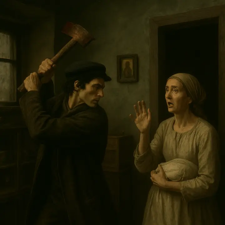 A pale, stupefied Lizaveta stands in the doorway with a white bundle, mouth twitching and an empty hand raised as if to ward him off; Rodion, seized by a blind, mechanical fury, brings the axe down and her skull splits open in a terrible, intimate instant. The contrast of her fragile white dress and the brutal, swinging blade makes the small room feel grotesquely claustrophobic.