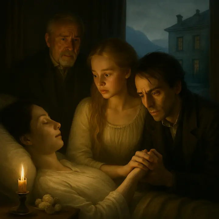 Caroline Beaufort Frankenstein lies pale and serene on her deathbed, taking the hands of Elizabeth and Victor; Elizabeth leans over her, devastated yet trying to be brave, while Alphonse stands behind them, stricken. The bedside is dimly lit by candlelight, flowers and a folded shroud nearby—her calm, affectionate face the last image they will carry. Capture the intimate, devastating moment of farewell and the fragile dignity of the dying mother.