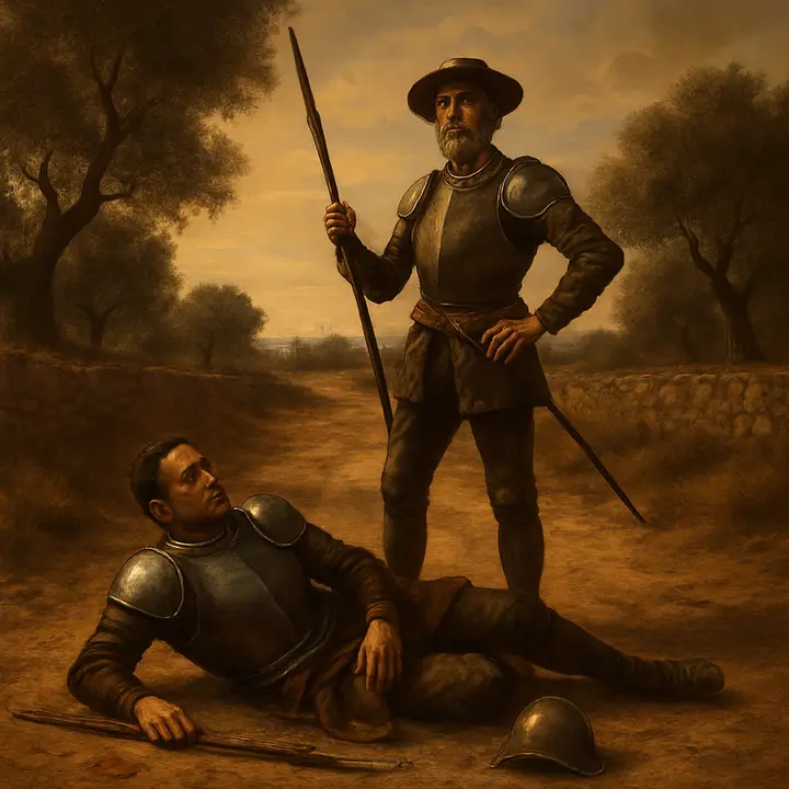 On a sun-dappled country road Don Quixote stands triumphant, chest puffed and lance lowered, while the disheveled Samson Carrasco lies half-risen at his feet, helmet askew and cloak torn — the mock duel concluded with comic gravity. Bits of broken lance and a discarded masquerade nose lie in the dust; the empty road and distant carts underscore the absurd nobility of the victory.