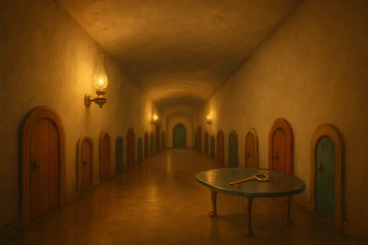 A cramped, low‑ceilinged corridor lined with dozens of tiny painted doors; a glass‑topped table sits flush against the wall, a single glinting golden key resting on its surface. The ceiling bears fresh scuffs from a bumped head and a faint salt streak runs along the polished floor toward the smallest garden door at the far end.