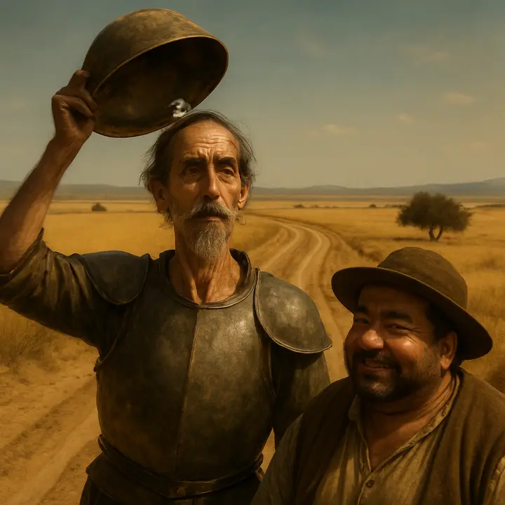 Don Quixote stands triumphant holding the battered brass basin aloft, awkwardly crowning himself with it as if it were an enchanted helmet, twisting it to reveal a piece missing; Sancho, trying to be loyal, chokes back laughter while remembering past humiliations. The contrast between knightly seriousness and comic costume is sharp—Don's pride undimmed, Sancho's grin barely concealed.