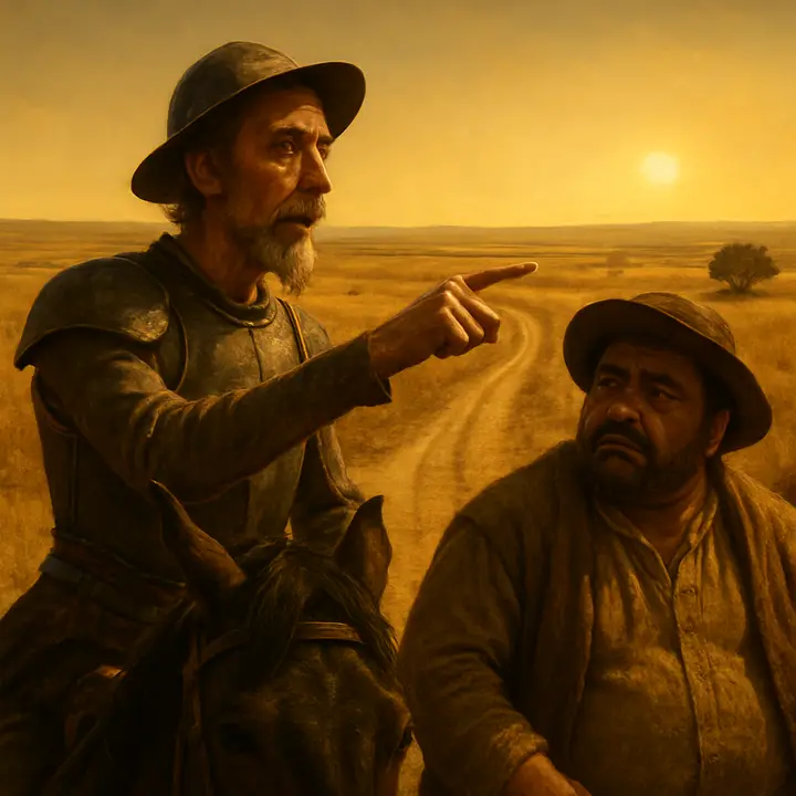Don Quixote, sword-pointing and eyes alight, declaims his resolution to reach El Toboso and receive Dulcinea’s blessing, imagining her in a palace gallery of unmatched beauty. Sancho stands beside him, skeptical and plainspoken, picturing instead a woman sifting wheat behind a yard wall — a comical clash of lofty romance and earthy reality.