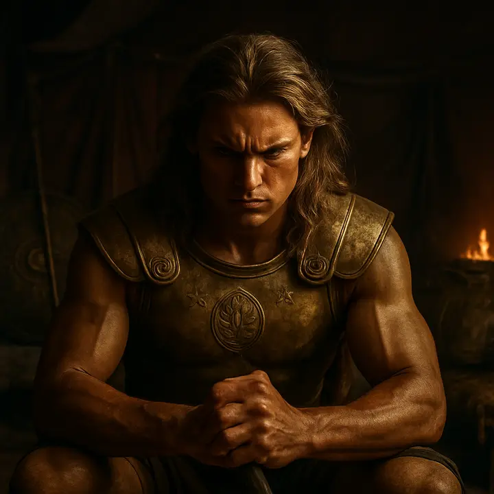 Inside the dim Hero's pavilion Achilles sits brooding, armor piled, face contorted in incandescent fury — a private storm that seems to darken the tent itself. His clenched hands and a discarded spear signal intractable anger, the seed of calamity about to be released.