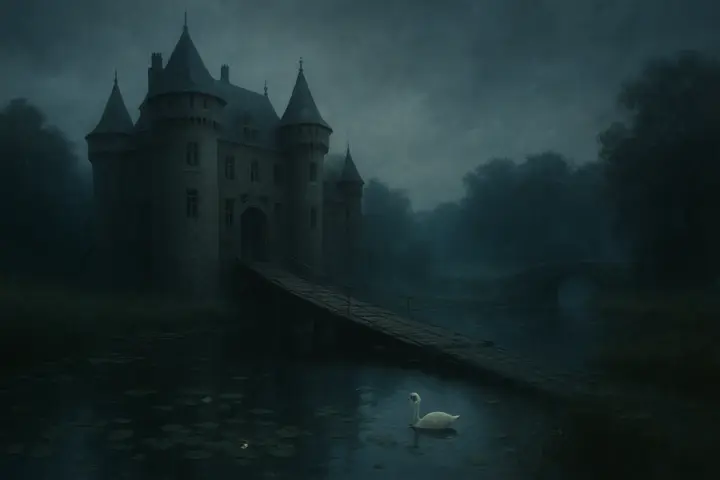 A many‑windowed, turreted Gothic schloss on a slight eminence, its never‑raised drawbridge spanning a still moat dotted with water‑lilies; reeds brush the stone and pale ripples radiate from dark shapes beneath the surface. Beyond, the forest yawns open to a wild glade and a steep, shadowed Gothic bridge arching over a narrow stream, the whole scene framed in cool, muted light.