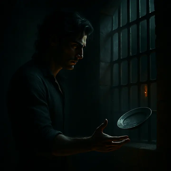 Edmond stands at the iron-barred loophole, deliberately casting his meagre plate of food out into the courtyard below, forcing himself to keep the oath of starvation he has sworn. He pauses, hand trembling, torn between hunger and resolve.