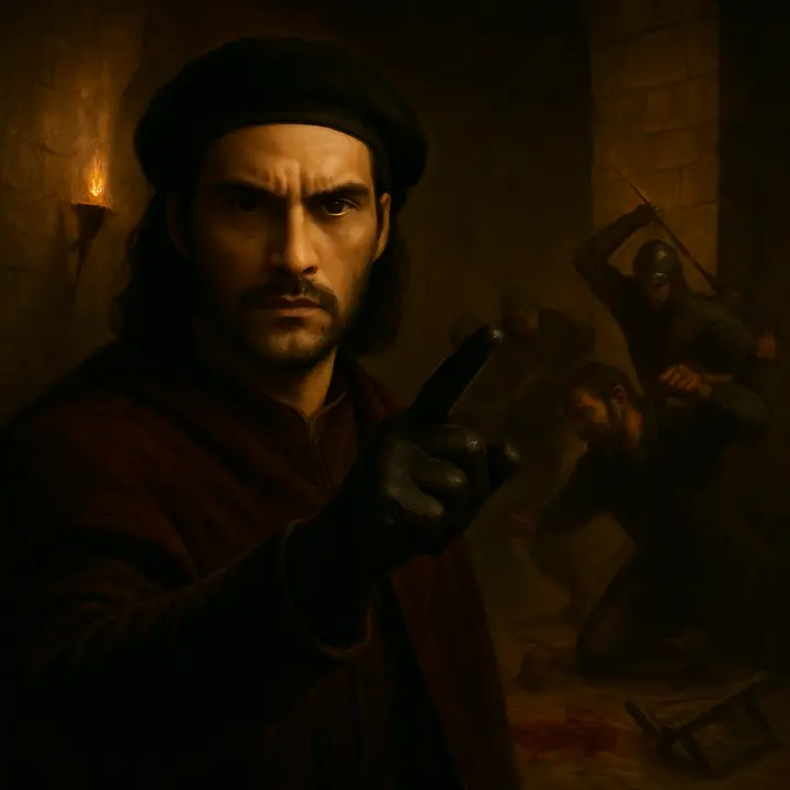 A cold, candlelit keep corridor where Cesare Borgia, half in shadow, gives a small, deliberate signal with a gloved hand as armed men spring from the gloom to seize and strike down their victims; overturned chairs, spilled wine, and a smear of blood on stone emphasize the swift brutality and calculated cruelty of the act. The scene conveys betrayal and ruthless political violence carried out with chilling composure.