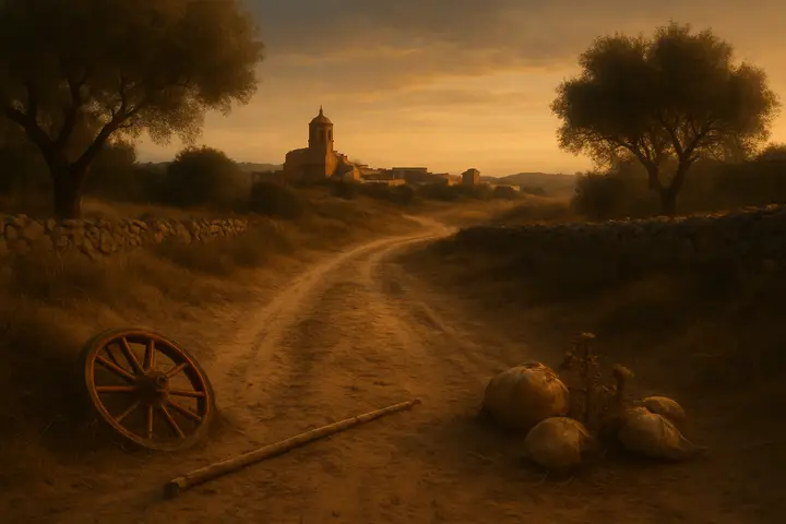 A rutted country lane edged with trampled roadside grass and scattered festival detritus — a painted cart wheel half in the ditch, three flattened ox-bladders caught in thistle, and a faint dust trail leading back toward clustered rooftops. The road curves away to a distant village under late light, the landscape showing the tense, unsettled aftermath of recent commotion.