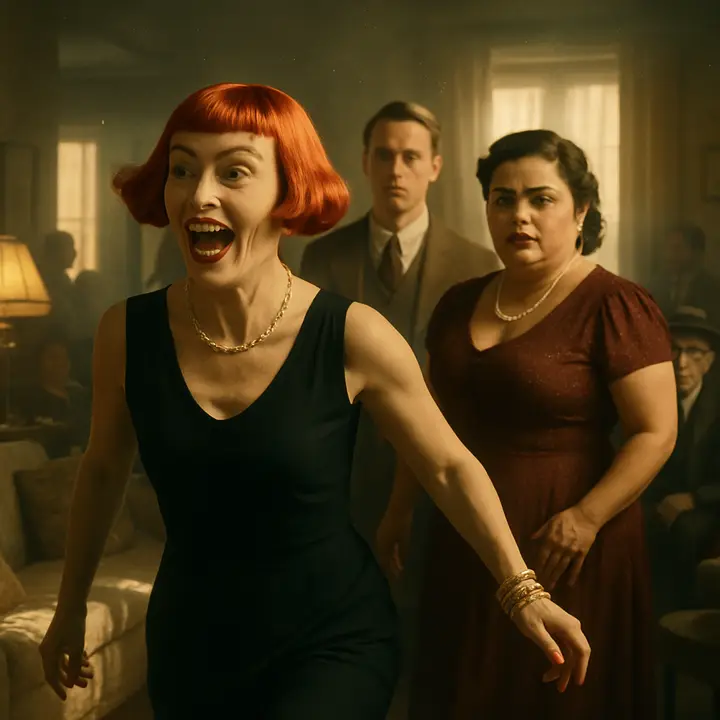 Catherine storms in with a loud, proprietary air—red bob, powdered face, bracelets jangling—and sizes up the apartment as if it were hers, chattering and laughing immoderately. Her theatrical vanity and proximity to Myrtle bring a charged, gossipy energy to the gathering as guests mill about.