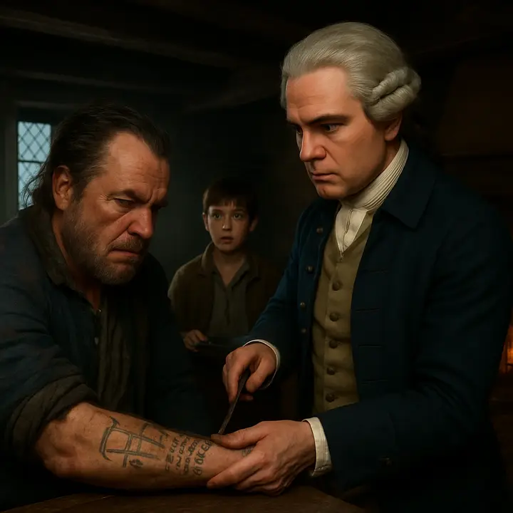 After the scuffle the doctor kneels over the captain: Dr. Livesey rips up Billy Bones's sleeve to reveal tattooed forearm—gallows and sailor mottos—and calmly prepares his lancet. Jim holds the basin as the doctor opens a vein; blood beads into the basin while Billy lies pallid and semi-conscious, and the doctor's stern, exhausted face warns that rum will be his death.
