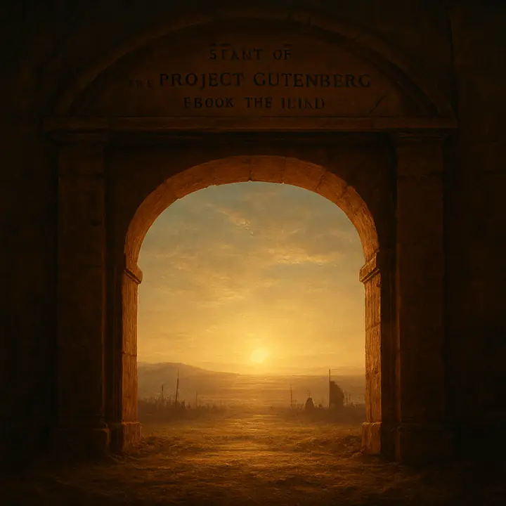 A monumental chapter gateway marked with the line '*** START OF THE PROJECT GUTENBERG EBOOK THE ILIAD ***' opens like a portal onto a wide dawn vista: a vast plain hinted with distant masts, banners and the dim silhouettes of warriors and ramparts, sunlight bleaching the horizon. The empty field hums with latent energy, as if the epic's first battle could unfurl at any moment.