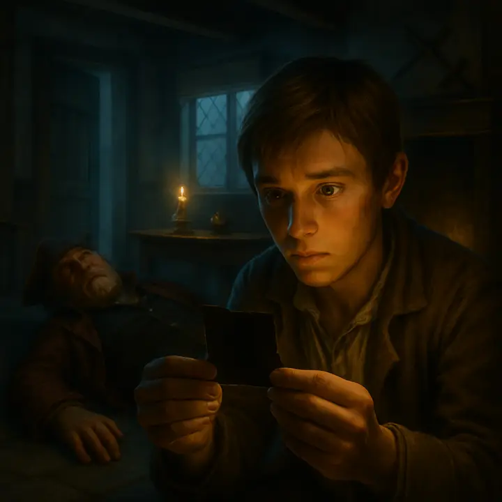 In the dim, candlelit parlour a boy kneels on the floor holding up a small blackened slip of paper while, behind him, the dead captain lies on his back with one arm outstretched and eyes wide open. The blind is down over the window; the room smells of tobacco and tar, and every shadow seems to close in on the two figures.