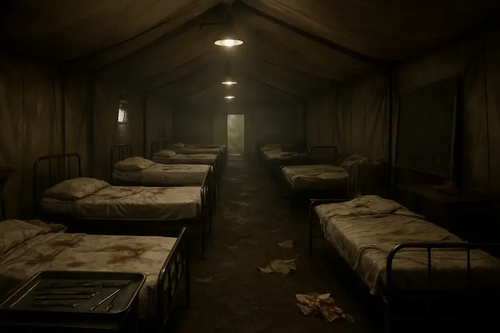 A long ward of iron cots and narrow stretchers stretches beneath harsh overhead lamps; stained bandages and overturned chairs scatter the floor while a metal tray of surgical instruments glints dully. The air hangs thick with a carbolic haze, walls mottled with damp, and a cart propped with waterproof sheets leans against a chalkboard of operations — clinical and exhausted, utterly empty of people.