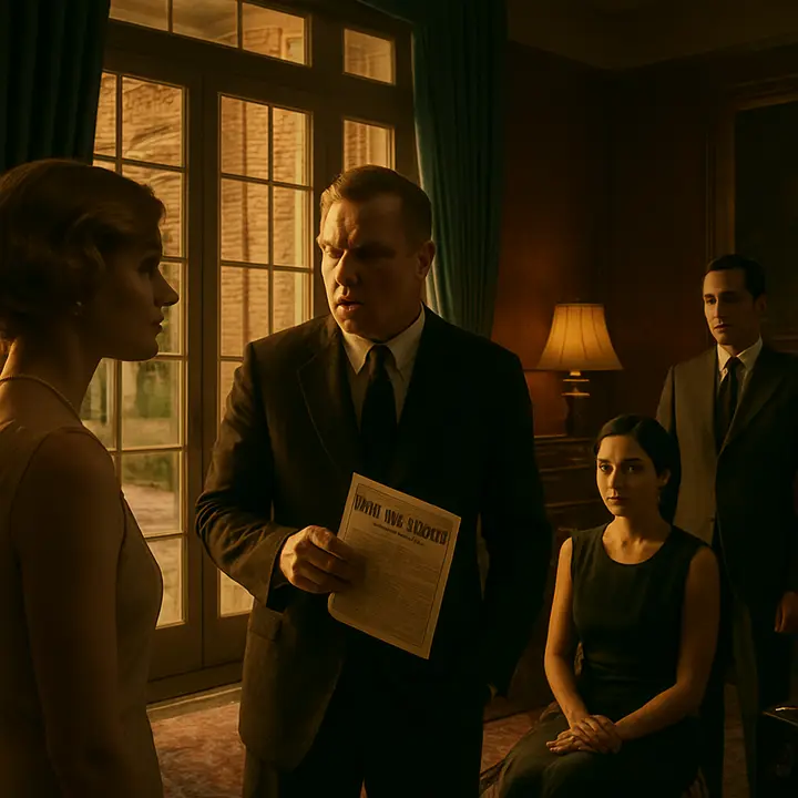 Tension erupts as Tom, red‑faced and authoritative, declaims a racist pamphlet while Daisy's last sunlight gilds her face and Jordan watches coolly; a telephone rings, Tom is summoned, and in his absence Jordan casually tells Nick that Tom has a woman in New York. The revelation lands like a dropped object in the ornate room — small gestures become loud confessions in the hush after the call.
