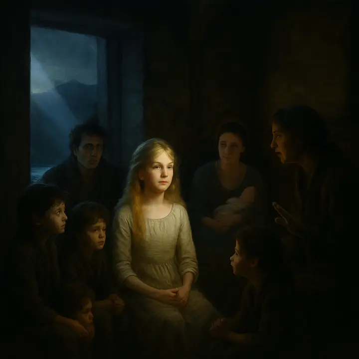 In a poor valley cottage near the Lake of Como, a radiant little girl with bright golden hair sits among dark-eyed, ragged children, her skin and expression almost luminous against the drab interior. A young Victor (an infant in his mother's arms) and Caroline Beaufort watch in astonished tenderness as the peasant woman explains the child's story—Elizabeth's face like a small, defiant sun in the gloom.
