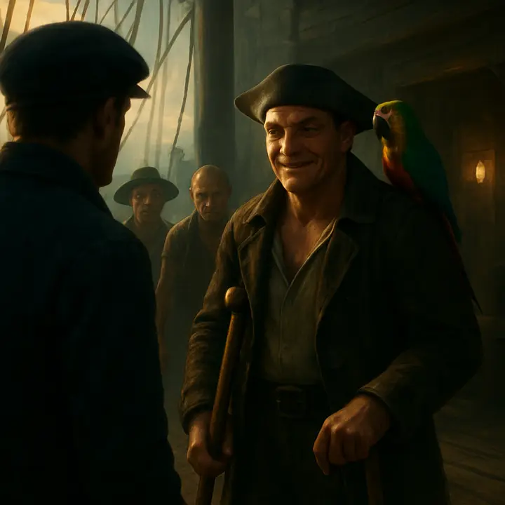 On the blazing wooden deck of the Hispaniola, Long John Silver stands half-turned with his crutch planted against a coil of rope, the parrot perched on his shoulder, smiling a genial yet calculating grin as rough sailors glance his way like wolves testing a leader. The warm sunlight contrasts with the hard glint in his eyes—he is at once companionable and menacing, the calm centre of a brewing mutiny.