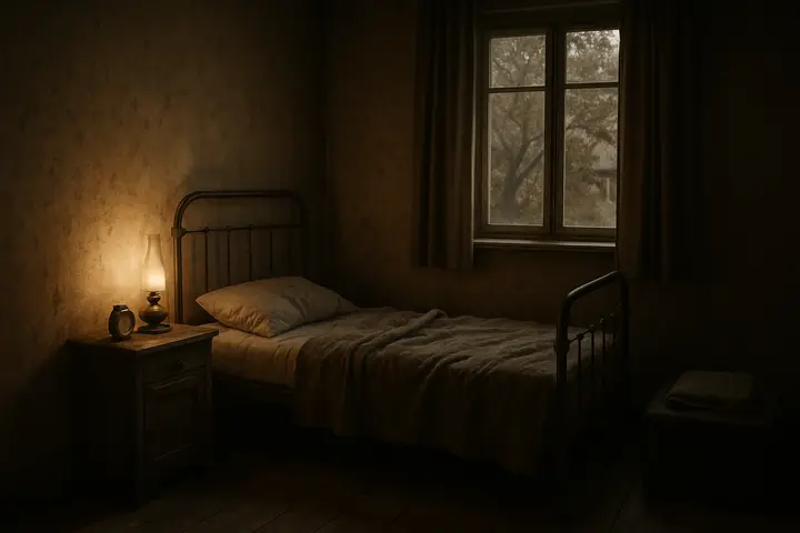 A small bedroom lit by a single lamp: an iron bed with crumpled pillow and a tossed cover, a clock ticking on a scarred bedside table and a narrow landing where a packed kit waits open with two all‑wool underpants folded on top. The window frames chestnut trees stirred by wind, their leaves casting moving shadows across the worn floorboards. The room feels too bright and too intimate for its silence, every domestic detail heavy with unspoken worry.