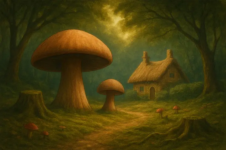A sun-dappled forest clearing dominated by a pair of enormous, two-toned mushrooms surrounded by mossy stumps and a carpet of leaf litter. Beyond the fungal ring, a fur-thatched, ear-chimneyed cottage peeks from behind hedgerow while low tree boughs droop like silent porches; scattered toadstools and winding root-paths lead out into the trees. Warm shafts of light pick out drifting motes, giving the scene a still, slightly surreal clarity.