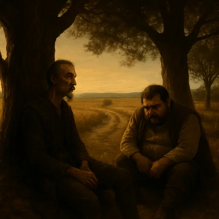 Night in the grove: Don Quixote sits meditative and watchful at the foot of an elm, while Sancho, at the foot of a beech, curls in pain as evening dew intensifies the soreness from his blows; moonlight and a hint of dawn on the horizon suggest weary rest before they continue toward the Ebro.