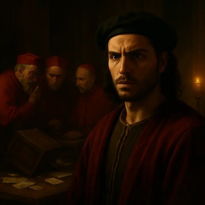 Cesare Borgia stands frozen at the center of a dim, incense-thickened council chamber as cardinals and conspirators whisper and shuffle ballots behind him. His face is a mix of outrage and stunned disbelief as the realization of being outmaneuvered settles in; papers and broken seals lie scattered on a nearby table. The moment captures the instant power slips away despite his once-commanding presence.