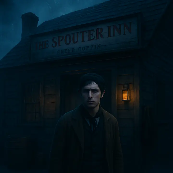 Before him stands the Spouter-Inn: a palsied, gable-ended, leaning house with a worn swinging sign reading 'The Spouter Inn:—Peter Coffin' and Euroclydon howling about the corner; the creak and dim light of the doorway seem both inviting and ominous. Ishmael hesitates on the threshold, ice grinding underfoot, pulled by the promise of shelter but wary of the 'great Black Parliament' and the strange interior that may await.