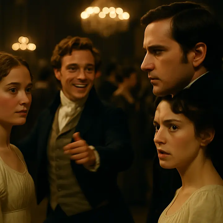 The Netherfield assembly hums with dancers; Bingley moves through the room lively and genial while Mr. Darcy stands aloof, elegant and severe, his cold glance falling on Jane and then meeting Elizabeth's eye. A cutting aside from Darcy — dismissing Jane as 'tolerable, but not handsome enough' — lands on Elizabeth like a deliberate slight, her amusement curdling into offended amusement as the contrast between warmth and hauteur is made visible.