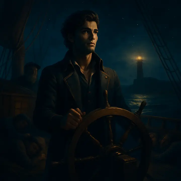 Under a wide starry sky and the glow of a distant lighthouse, Dantès calmly takes the helm while his comrades turn in; his posture is that of a natural commander, quiet authority radiating from him. The old patron watches approvingly from the companionway, resigned to Edmond's command. The scene should convey the ship's tranquil movement and the trust the men place in him.