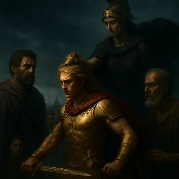Words erupt into near-violence as Agamemnon claims the maid and Achilles, hand on a glittering sword, prepared to strike; suddenly bright Athena descends in a black cloud and seizes Achilles by the golden hair, halting the blow. Around them chiefs recoil, Briseis stands weeping in the rear, and the sky broods with divine authority.