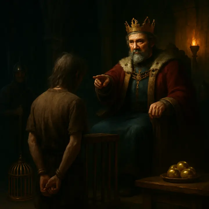 In the Throne Hall the youth stands small and bound beside a plain wooden cage while a brilliant golden cage gleams on a dais; the King looms on his throne, face hard with command, and points as soldiers close in. Stolen golden apples glitter on a table; the moment is tense as the King condemns the youth unless he brings a golden horse.
