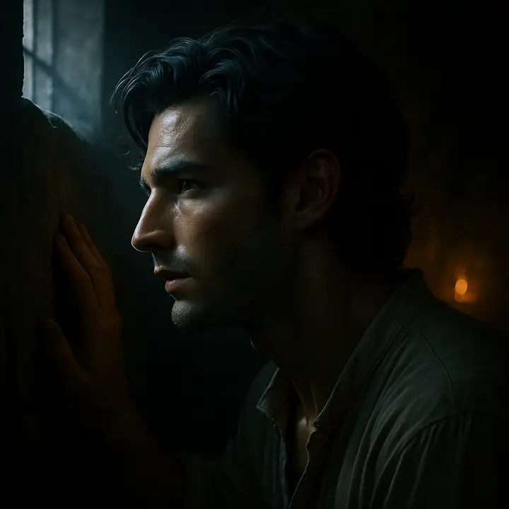 In a sudden alertness, Edmond raises his head from the pallet as a hollow, persistent scratching comes through the wall; he presses his ear to the stones, eyes wide with the first stirrings of hope. The darkness of the cell seems briefly pierced by possibility.