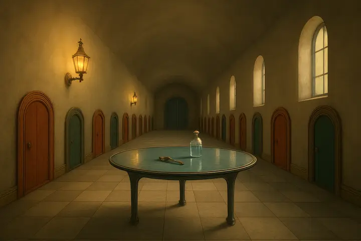 A long, low corridor tiled in cool stone, its walls punctuated by dozens of tiny, polished wooden doors set at child-height and varying in color and brasswork. A narrow glass table runs along the center, its reflective surface catching the light that slants through a high, barred window and casting repeated door-echoes onto the floor. Dust motes hang in the shafts of light, the scale of the space emphasizing the smallness of every threshold.