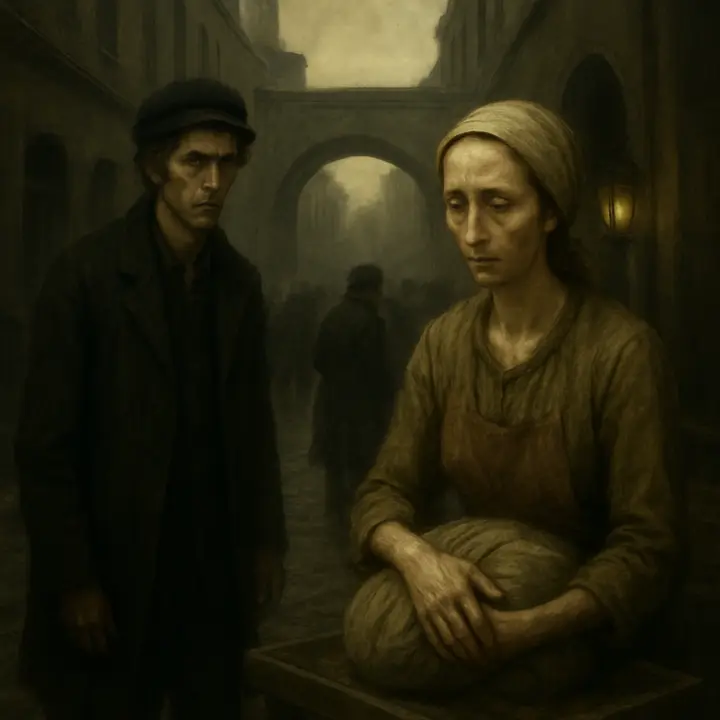 In the closing stalls of the Hay Market he halts, transfixed: Lizaveta Ivanovna stands awkward and submissive at a huckster's table with a bundle, urged to come back tomorrow, her face timid and weary. The noisy, stinking market crowds close around them, vendors calling, while Raskolnikov lingers a few paces away, a startled, fixed witness to her hesitant, resigned movements.