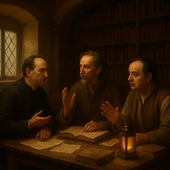 Around a small table strewn with papers and a few battered books, Don Quixote, the Priest and the Barber engage in animated debate about State‑craft; Don Quixote speaks with surprising sense while the other two gesticulate, correcting and countering. The room feels both homely and charged, the three men as if momentarily remaking the world over a bedside conversation. 