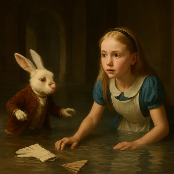 The White Rabbit, splendidly dressed, hurtles into the hall, white kid gloves and a large fan tumbling from his paws as he startles at Alice and scurries away into darkness. Alice stoops to pick up the gloves and fan and fans herself — beginning to shrink — then slips and with a sudden, comic-sudden splash finds herself up to her chin in the salt water of the pool of her own tears.