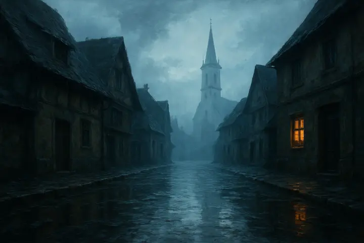 Dawn over a rain‑slick town: cobblestones shine with pooled water, rooftops and eaves drip into narrow gutters, and a white steeple pierces a pewter sky through rising mist. Empty lanes and blurred reflections emphasize the town's hush, the pale light washed thin across facades.