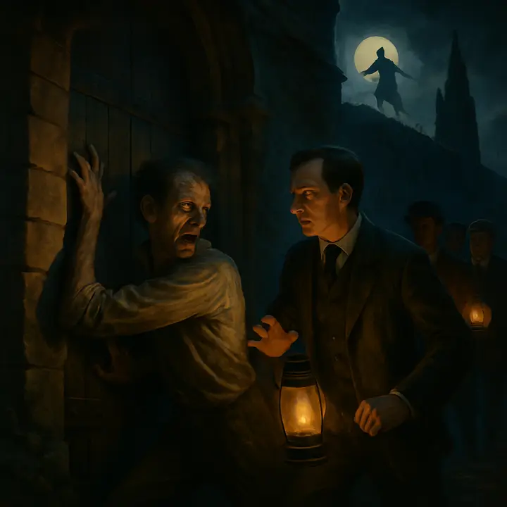 Night pursuit at Carfax grounds: Renfield, frantic and animal‑strong, is found pressed against the iron‑bound oak door of the chapel, talking feverishly to an unseen Presence and offering himself as slave; Seward and attendants close in with lanterns, a white figure seen scaling the wall earlier adding to the frenzy. The tableau is raw, frenzied and ominous.