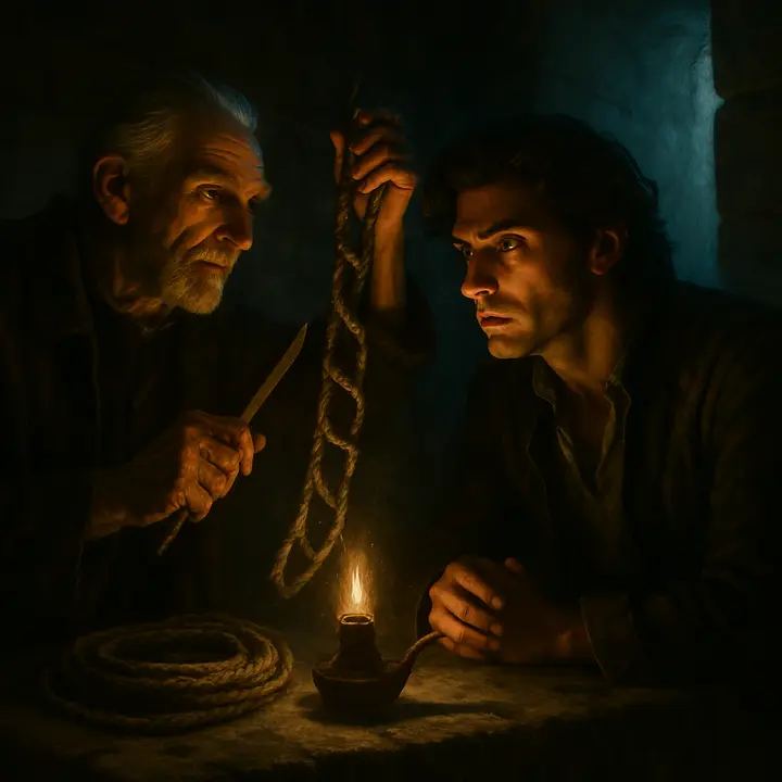 Faria calmly demonstrates the braided rope ladder ripped from seams and hidden behind the bed's headstone, and shows the chisel he used to lift stones, explaining night work in a whisper. Dantès watches with a mixture of eagerness and tension as the old man lays out the escape implements and strategy.