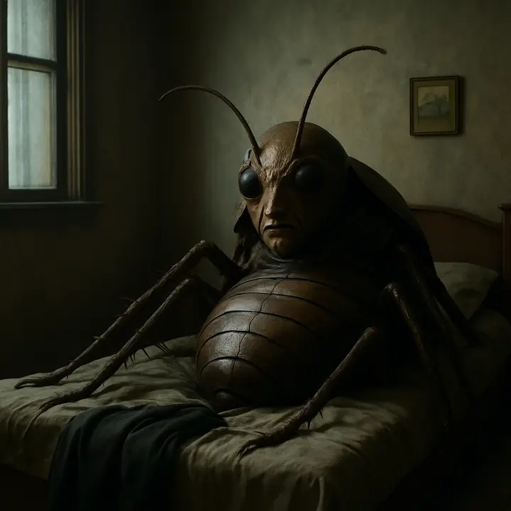 Gregor Samsa lies half-turned on his bed, a grotesque, glistening insect abdomen filling the mattress as a human face peers out from a tangle of legs and sheets; morning light slants through the window, illuminating his many tiny, twitching legs and the ruined uniform draped over the foot of the bed. The room is both intimate and uncanny: cracked wallpaper, strewn garments, and a small picture on the wall that seems absurdly ordinary against his new body.