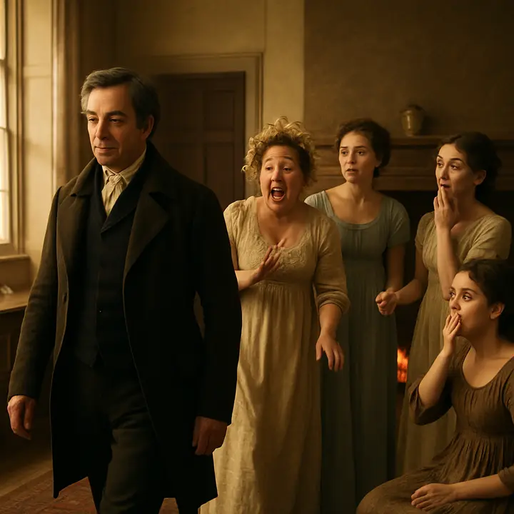 Mr. Bennet turns from the group with a dry, amused smile—having already paid a visit to Mr. Bingley—while the women erupt: Mrs. Bennet thrown into ecstatic rapture, daughters staring in astonishment, and Kitty emboldened by the permission to 'cough as much as she chuses.' The contrast between his composed retreat and the household's noisy jubilation fills the room with comic energy and exasperated affection.