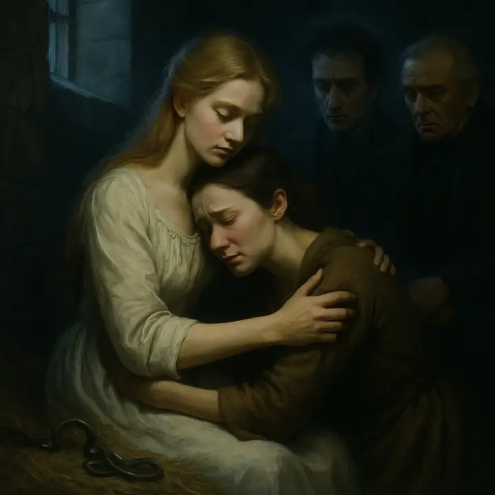 The gloomy prison cell: straw on the floor, iron manacles clinking. Justine flings herself at Elizabeth's feet, weeping and confessing that she lied after a confessor threatened her with excommunication and hell — Elizabeth cradles her while Victor's face twists with silent, gnawing horror.