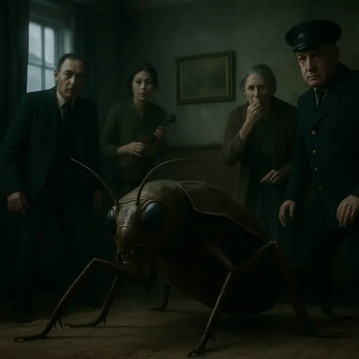 Gregor flings himself off the bed in a desperate attempt to meet the clerk, hitting the carpet with a muffled thump and bruising his head; the clerk utters a stunned remark while Grete whispers his name and his father pleads from the hall. The family crowd recoils as Gregor, half-human voice and half-insect body, tries to speak reason about trains, debts and duty. 