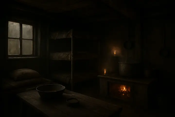 A candle-lit interior of a ruined factory converted to a mess: wire-net bunks line the walls, a frying-pan sits atop an improvised floor fire, and a blood-stained sandbag and tin of salt lean against soot-dark timber. Candles gutter in cracked holders while tar-black beams and open, dark windows frame the cramped, greasy space.