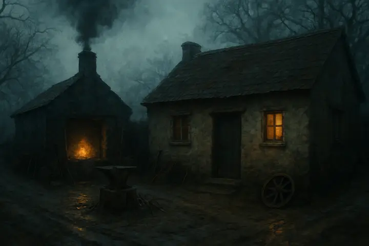 A squat blacksmith's forge abuts a small cottage beneath alder trees: smoke-darkened stone, a battered anvil on a muddy yard, and a single iron-rimmed door with a worn threshold. Tools and a wheel lie scattered, the lane outside churned to damp ruts, the whole scene wind-whipped and quietly domestic in the thin cold light.