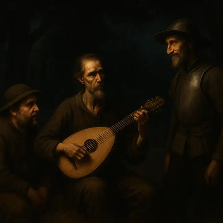 Night deep in a lonely grove: a melancholy figure tunes a lute and sings a plaintive sonnet about unrequited love while Don Quixote and Sancho listen from the shadowed edge, then step forward to join him; the knight names Casildea de Vandalia and pours out despair, and the two masters settle on the hard ground to speak of love as their squires withdraw to gossip apart. The scene is elegiac and intimate—moonlit foliage, a lone lute, solemn faces—where chivalric rhetoric meets human pity and comic asides.