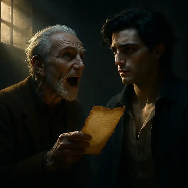 Faria, animated and triumphant, declares the paper to be a will revealing a buried treasure and offers half to Dantès; the young man recoils, torn between hope and the idea of madness in the speaker.