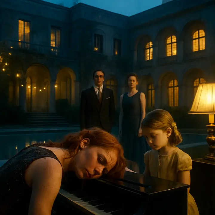 A many‑windowed room where a red‑haired chorus woman, drunk and tear‑streaked, collapses exhausted by the piano while a girl in yellow plays; marital quarrels flare and laughter staggers between song and sob. Nick and Jordan stand at the threshold, flushed from champagne, watching the scene with a mix of amusement and detached observation.