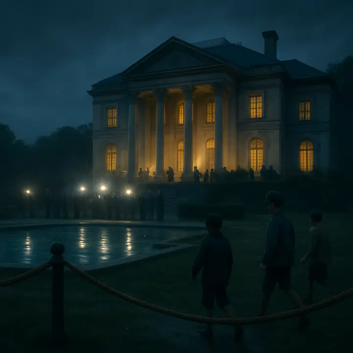 The great Gatsby house cordoned off with a rope at the West Egg gate, photographers' flashes staccato in the grey light while small boys slip through Nick's lawn and gape at the still green pool; a line of press and police forms against the mansion's steps. The scene feels like an intrusive theatrical set, huge windows dark, lawns trampled and an atmosphere of aftermath hanging over the plastered façade.
