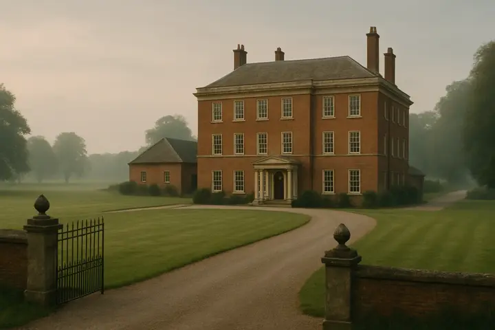 A newly‑occupied red‑brick country house set neatly within parkland: a gravel forecourt curving to a symmetrical façade, clipped lawns stretching to belts of distant trees, and a wrought‑iron gate marking the entrance. The estate reads as freshly arranged for a new tenant—clean windows, a tidy stable block to one side, and a carriage drive disappearing into misty lanes.